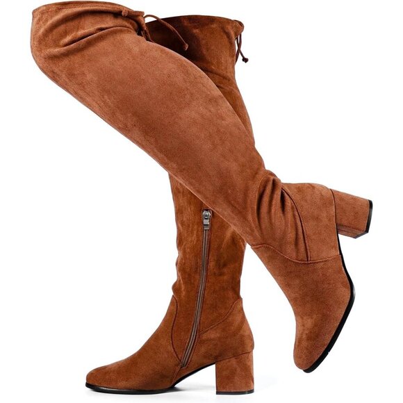 Shoes - Women Brown Faux Suede Chunky ​​Block Heel Round Toe Fall Side Zipper Boot
